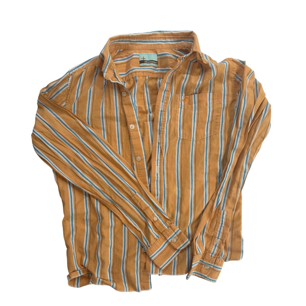 Hollister Mens Orange Blue Vertical Stripe Cotton Button Down Shirt Size M